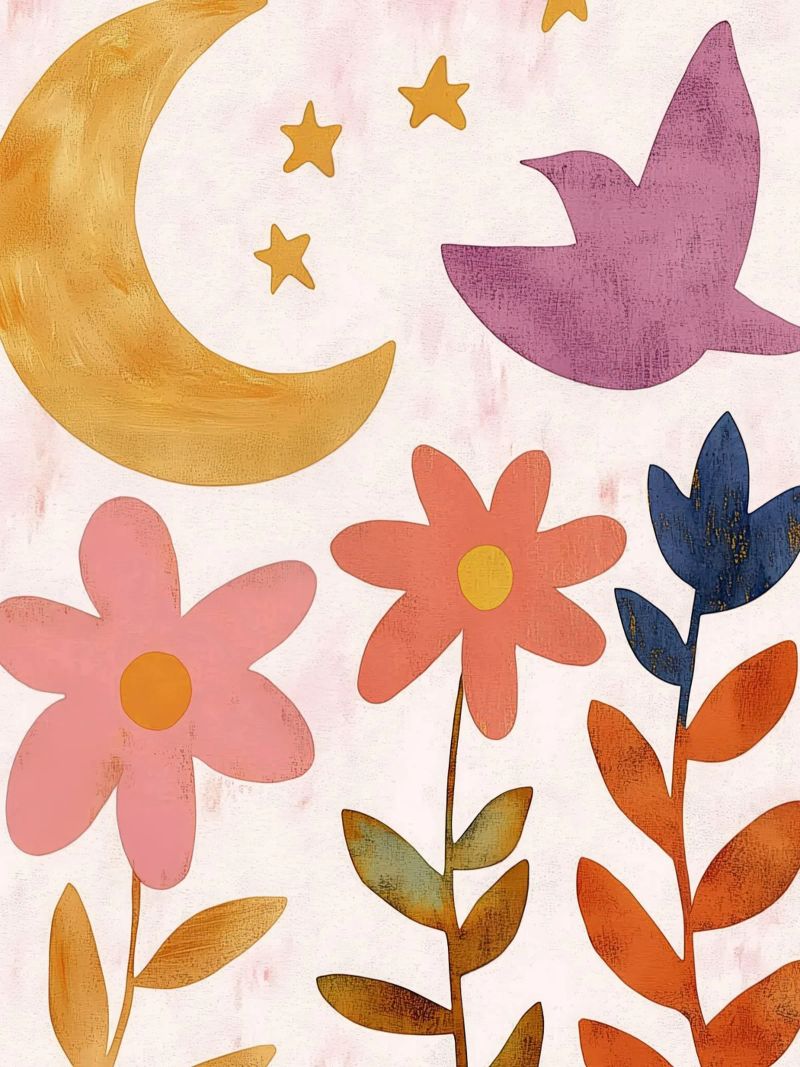 Vintage Botanical Bird with Moon, Stars and Spring Flowers poster by Gentle Echoes Art