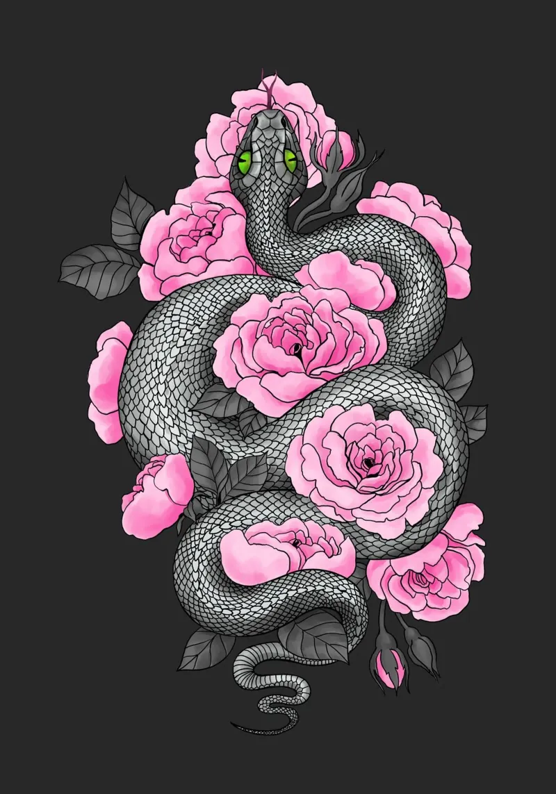 Serpenti e rose rosa carta hahnemühle da Painted Nature