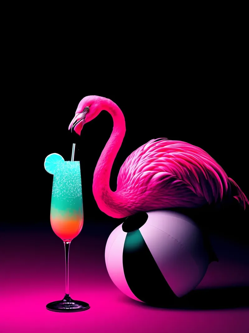 Fenicottero su pallone da spiaggia - Pop Art poster con telaio in alluminio da ColorCrash Gallery