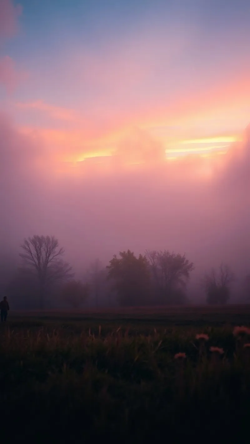 Prachtig abstract behang met mistig landschap bij zonsopgang hahnemühle van DesignDoodle