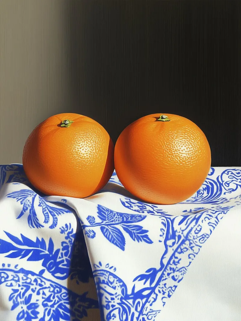 Oranges sur nappe élégante poster avec cadre en aluminium de Spice & Style