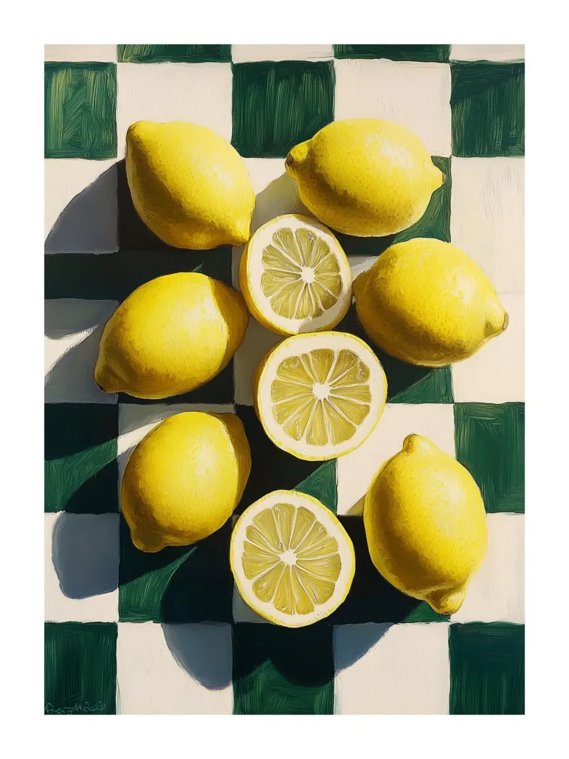 Limoni su una scacchiera vintage poster con telaio in alluminio da Spice & Style