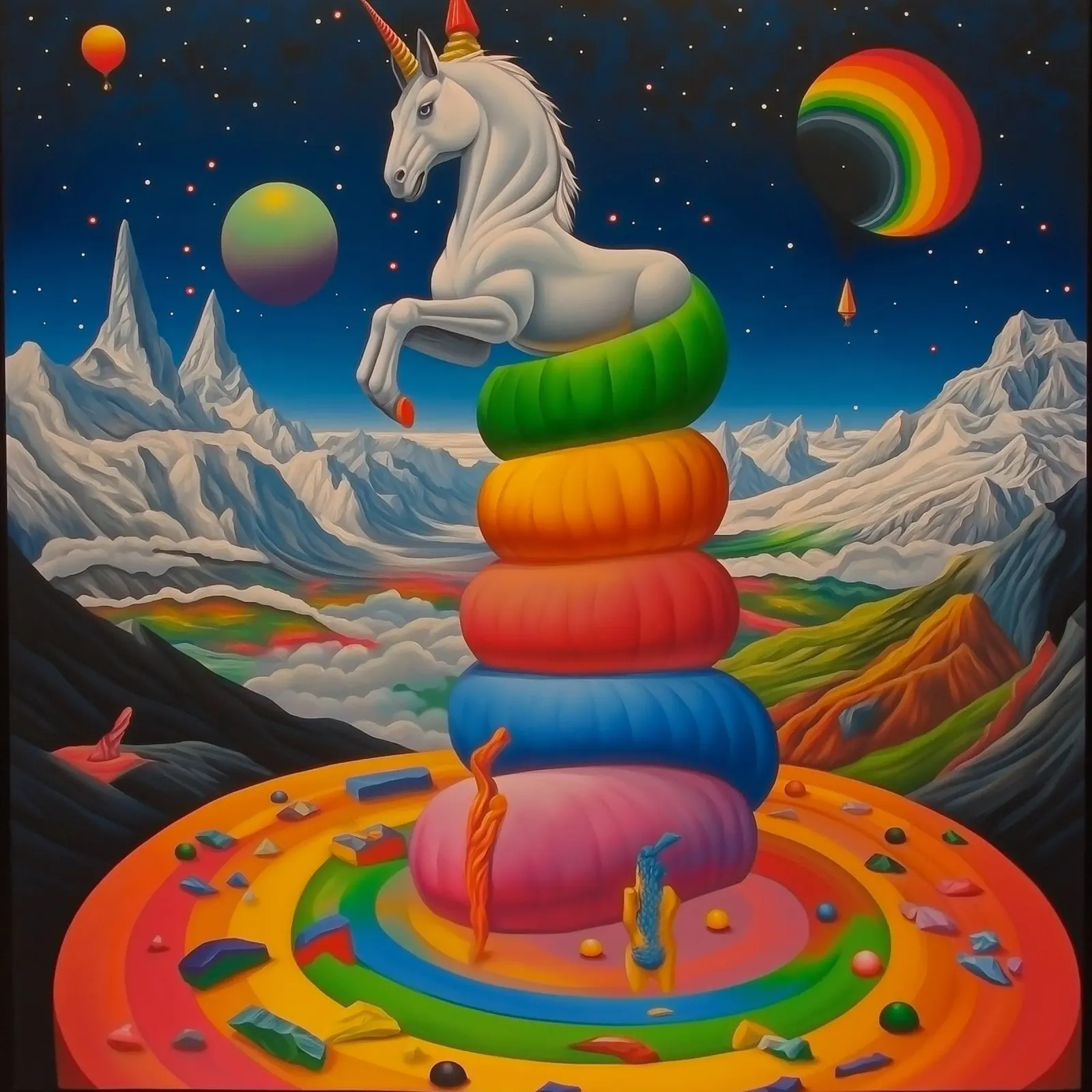 Unicorno in un mondo colorato poster con telaio in alluminio da Motivate-Today