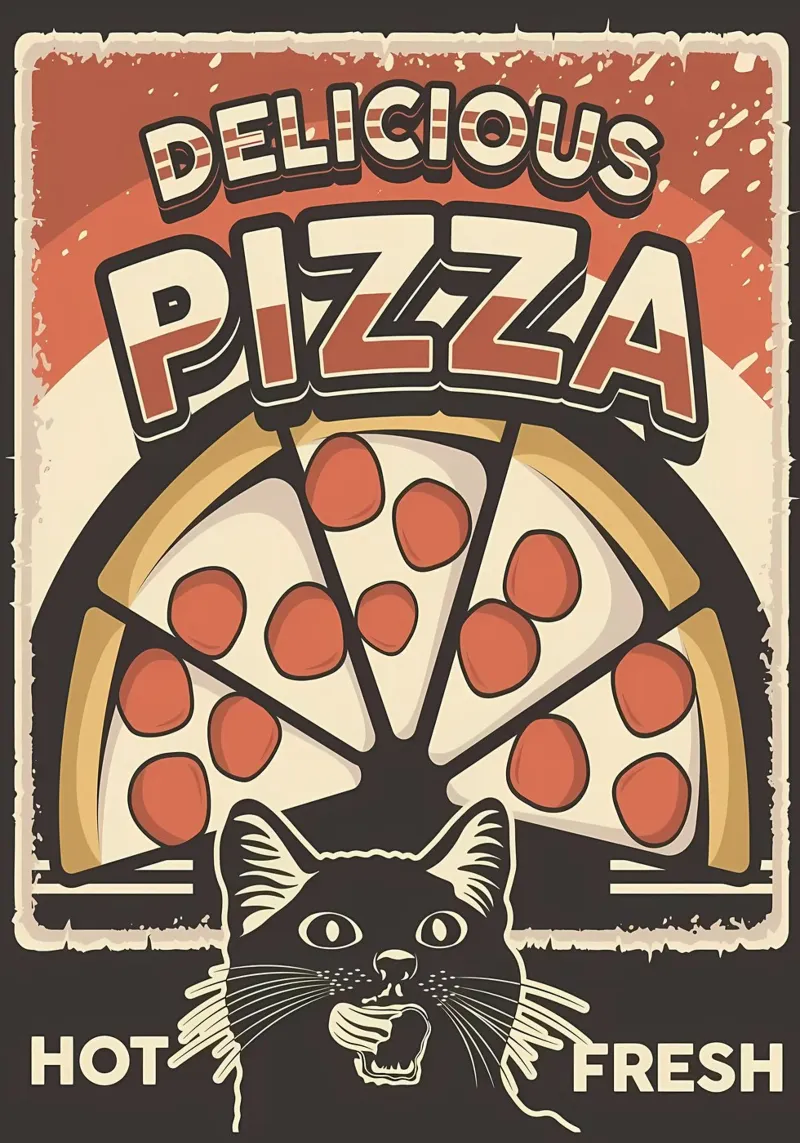 Pizza e gatto deliziosi poster con telaio in plastica da Monique A Hooper