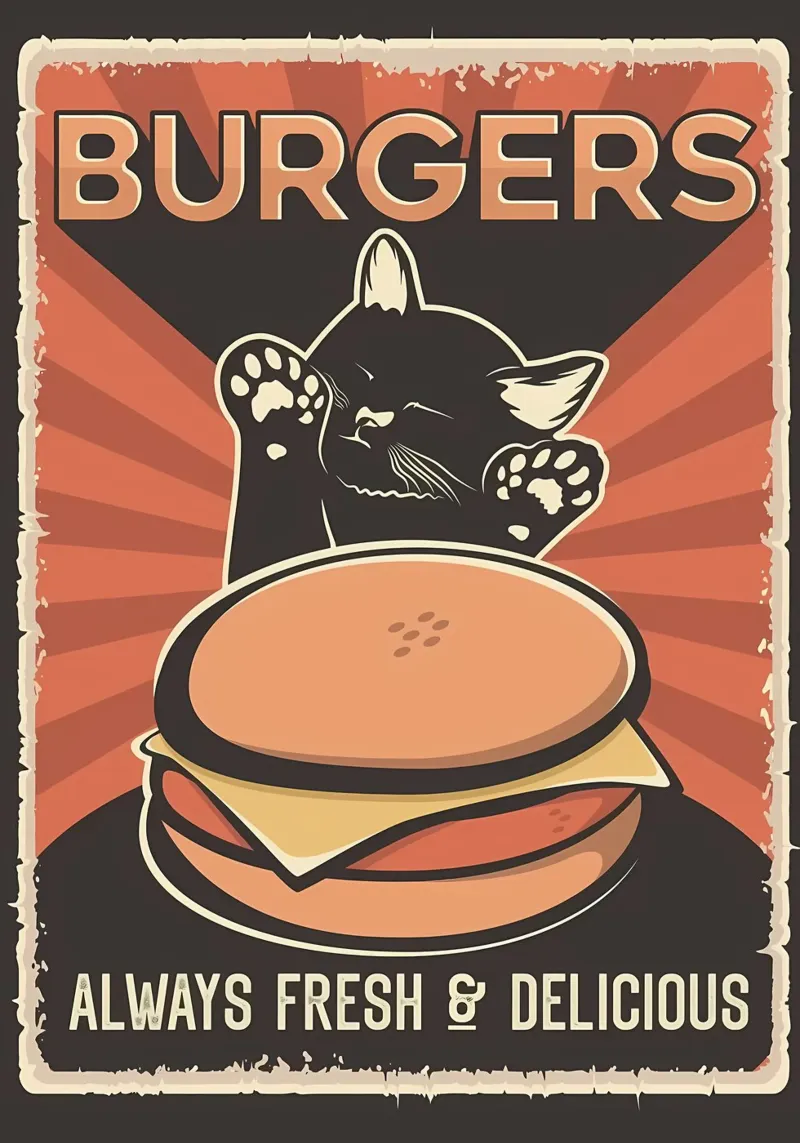 Il gatto vuole l'hamburger poster con telaio in legno da Monique A Hooper