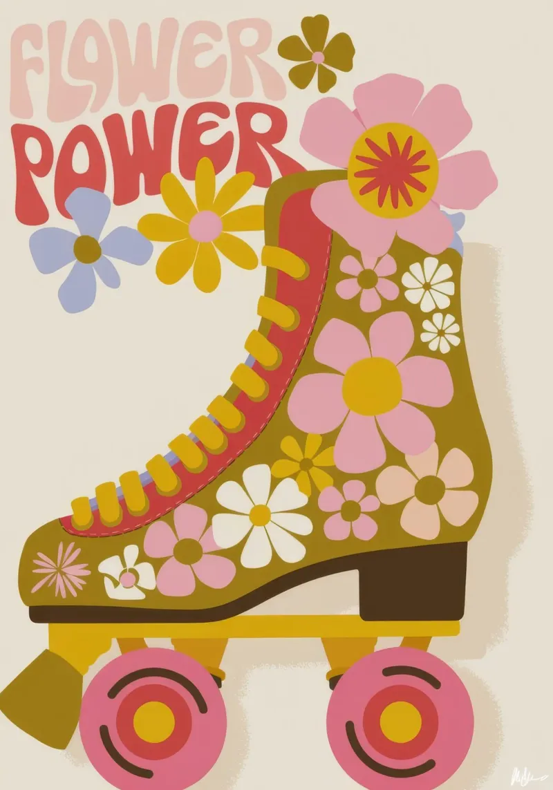 Flower Power Skate poster con telaio in legno da Seren Liodra