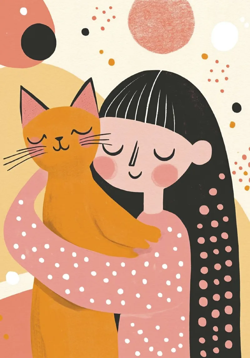 Ragazza stravagante di metà secolo con gatto arancione in rosa pastello carta hahnemühle da Modern Muse