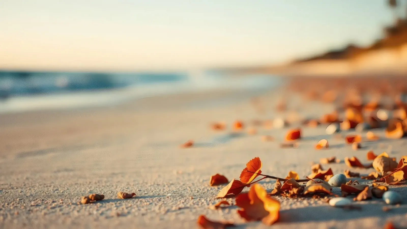 Foglie d'autunno sparse sulla spiaggia sabbiosa al tramonto pellicola backlit da DesignDoodle
