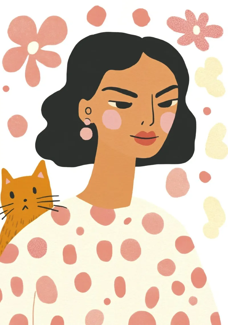 Ragazza stravagante di metà secolo con gatto arancione e fiore pastello plexiglass da Modern Muse