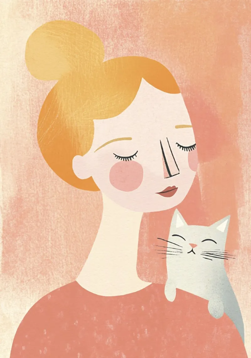 Grillig Mid-Century Blond Meisje met Grijze Kat in Pastels hahnemühle van Modern Muse