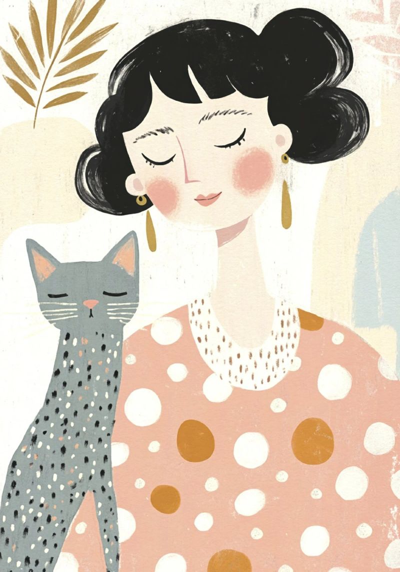 Whimsical Mid-Century Black-Haired Girl with Dotted Gray Cat poster by Modern Muse