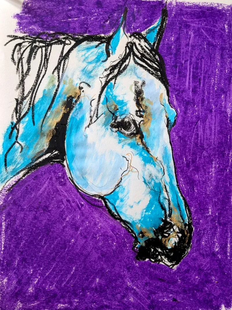 PFERD AUF VIOLETTEM HINTERGRUND Leinwand mit Schattenfugenrahmen von Bénédicte Berthod