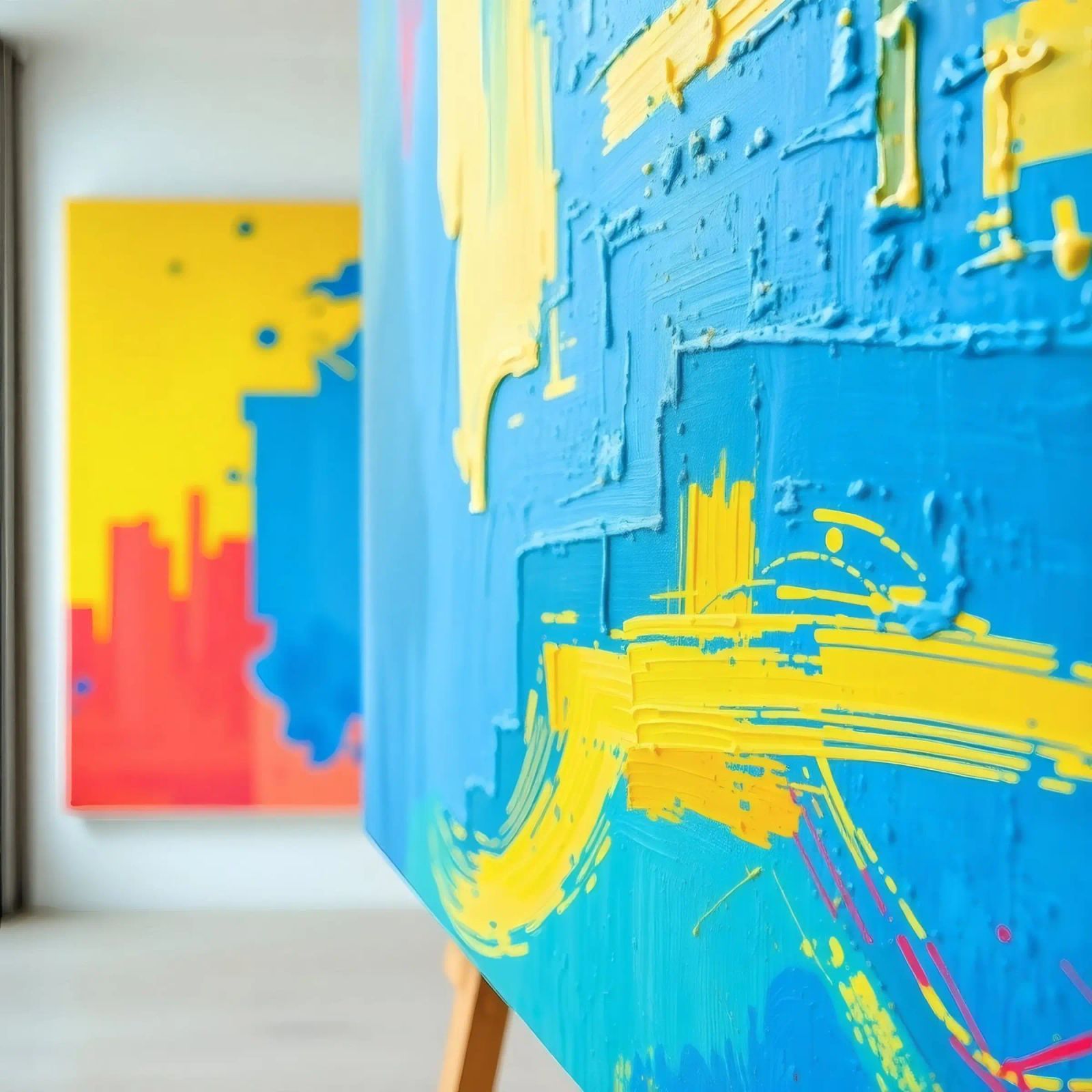 Bright abstract art displayed in a modern gallery canvas by DesignDoodle