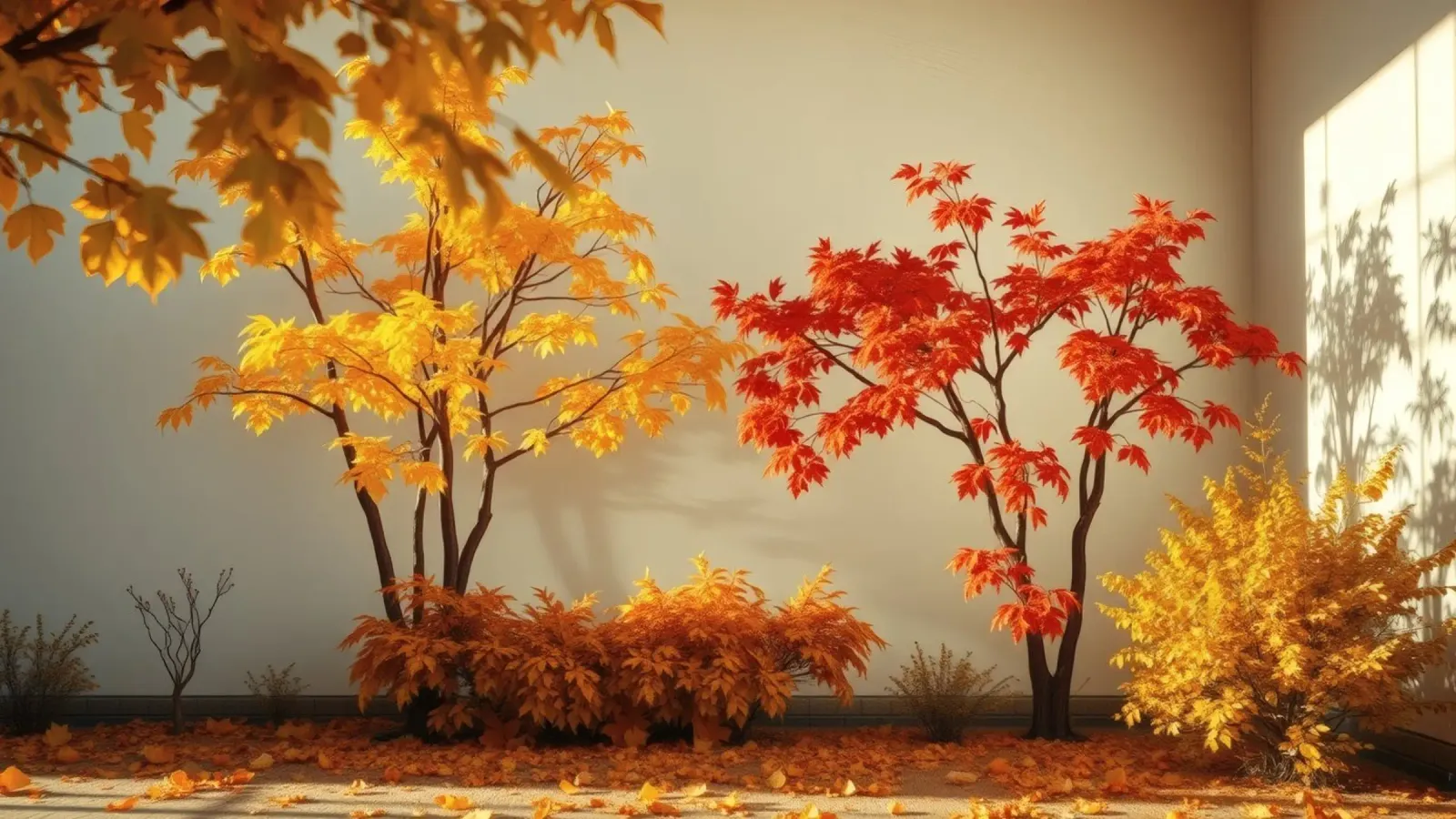 alberi autunnali con foglie gialle e rosse, atmosfera calda pellicola backlit da DesignDoodle