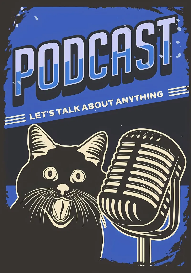 Meme divertente del podcast dei gatti poster con telaio in legno da Monique A Hooper
