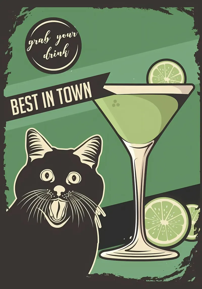 Gatto Cocktail meme poster con telaio in alluminio da Monique A Hooper