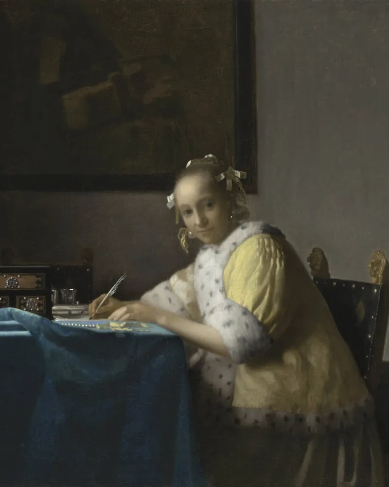 Johannes Vermeer - Una donna che scrive, 1665 pellicola backlit da Timeless Artworks
