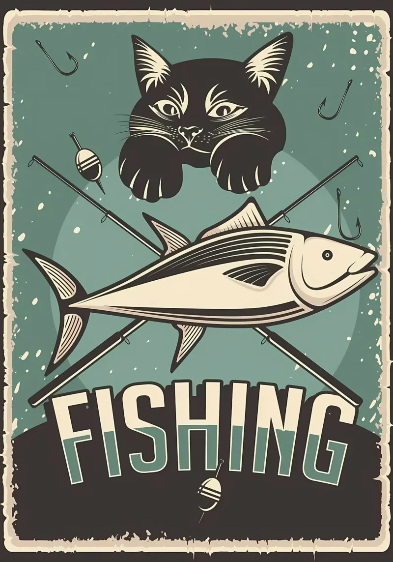 Gatto da pesca d'epoca poster con telaio in legno da Monique A Hooper