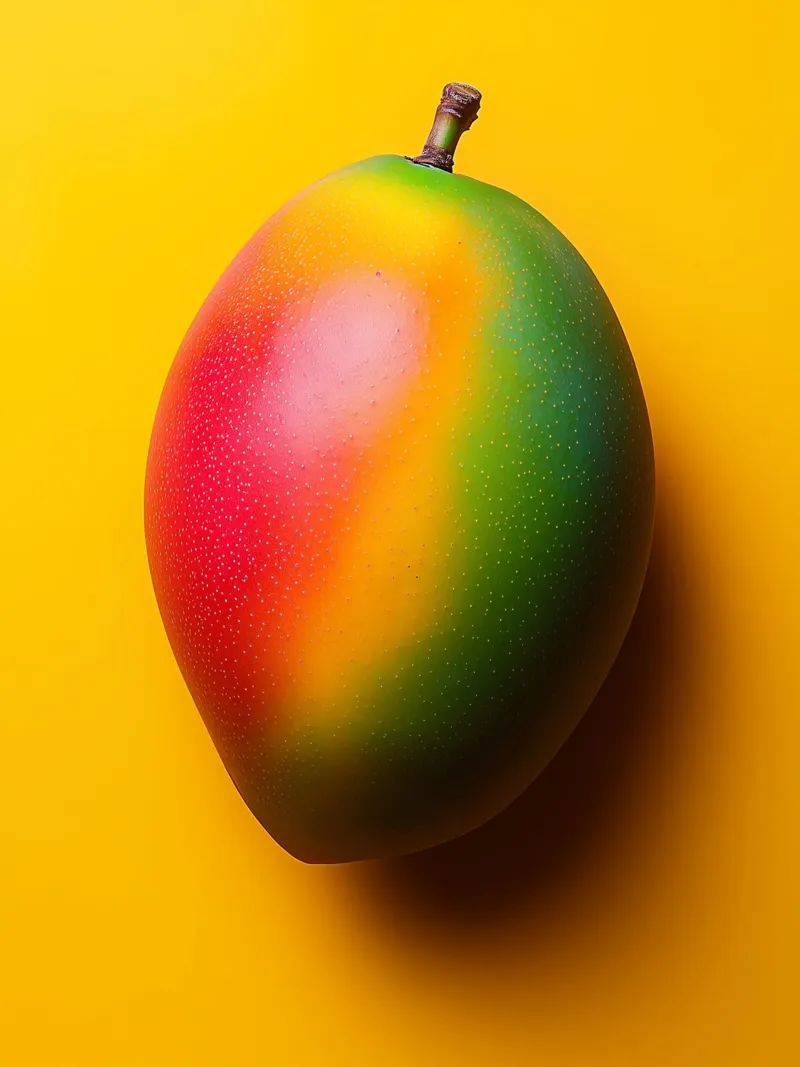 Bright mango on a yellow background canvas with Floater frame by Spice & Style