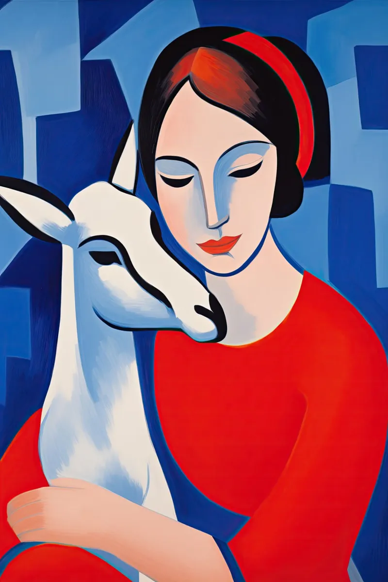 Retrato de una mujer con una cabra | Pintura Moderna lienzo con Marco flotante de Autofocus