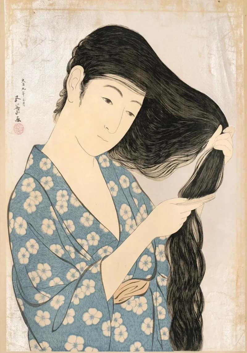 Ukiyo-e: Pittura giapponese -Donna che si pettina di Goyo tela con Cornice a cassetta da Aesthetic Muse