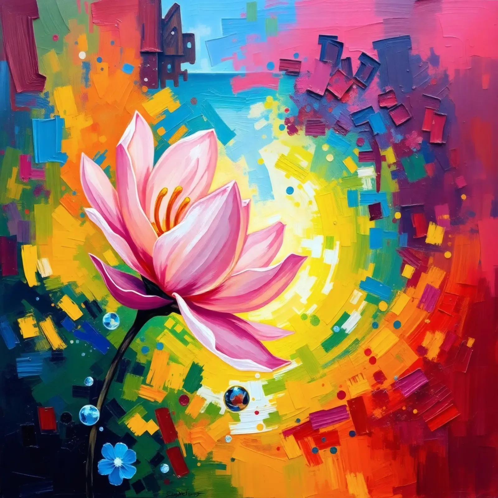 lotusbloem die in een abstract kleurrijk behang bloeit canvas van DesignDoodle