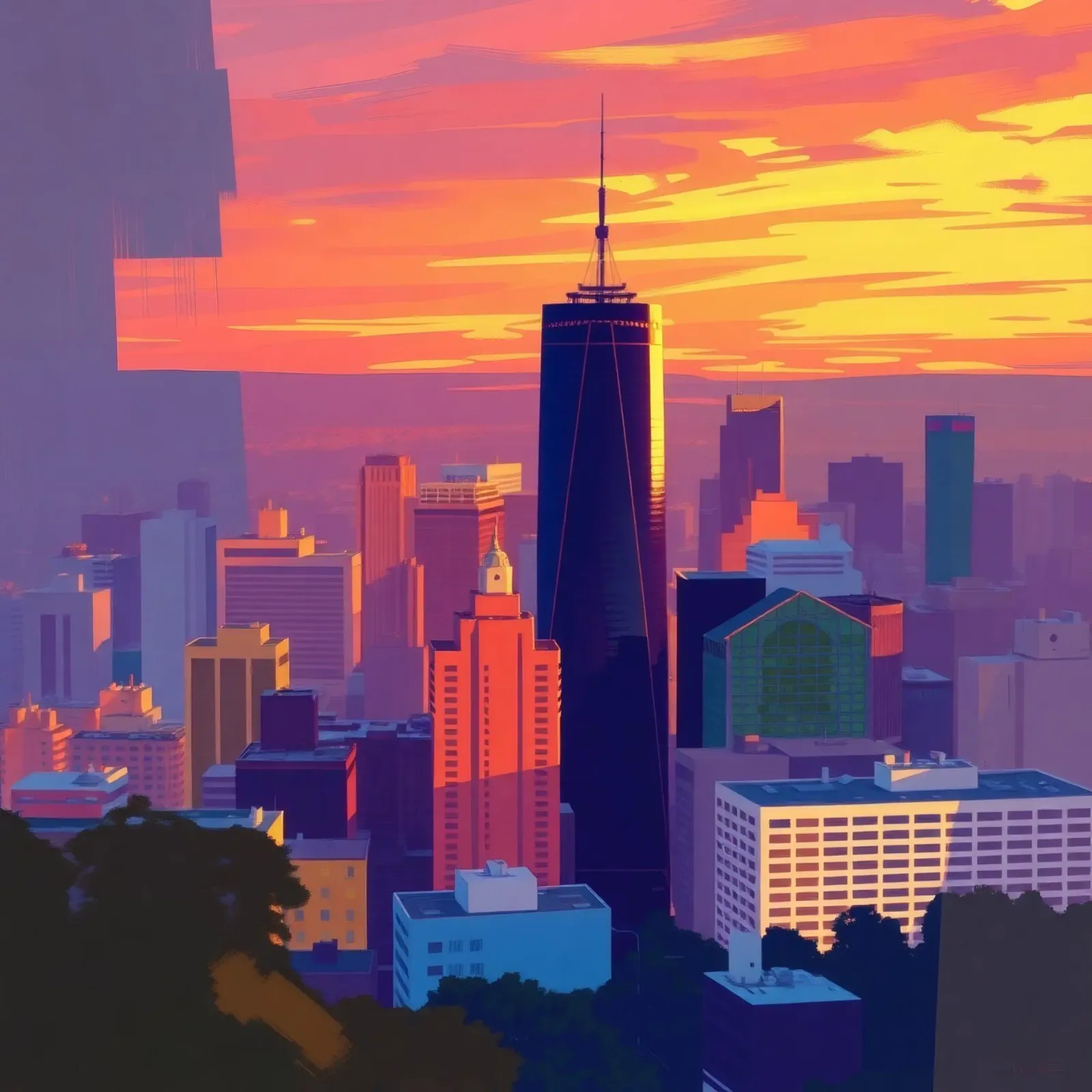 skyline della città al tramonto con gli edifici più alti pellicola backlit da DesignDoodle