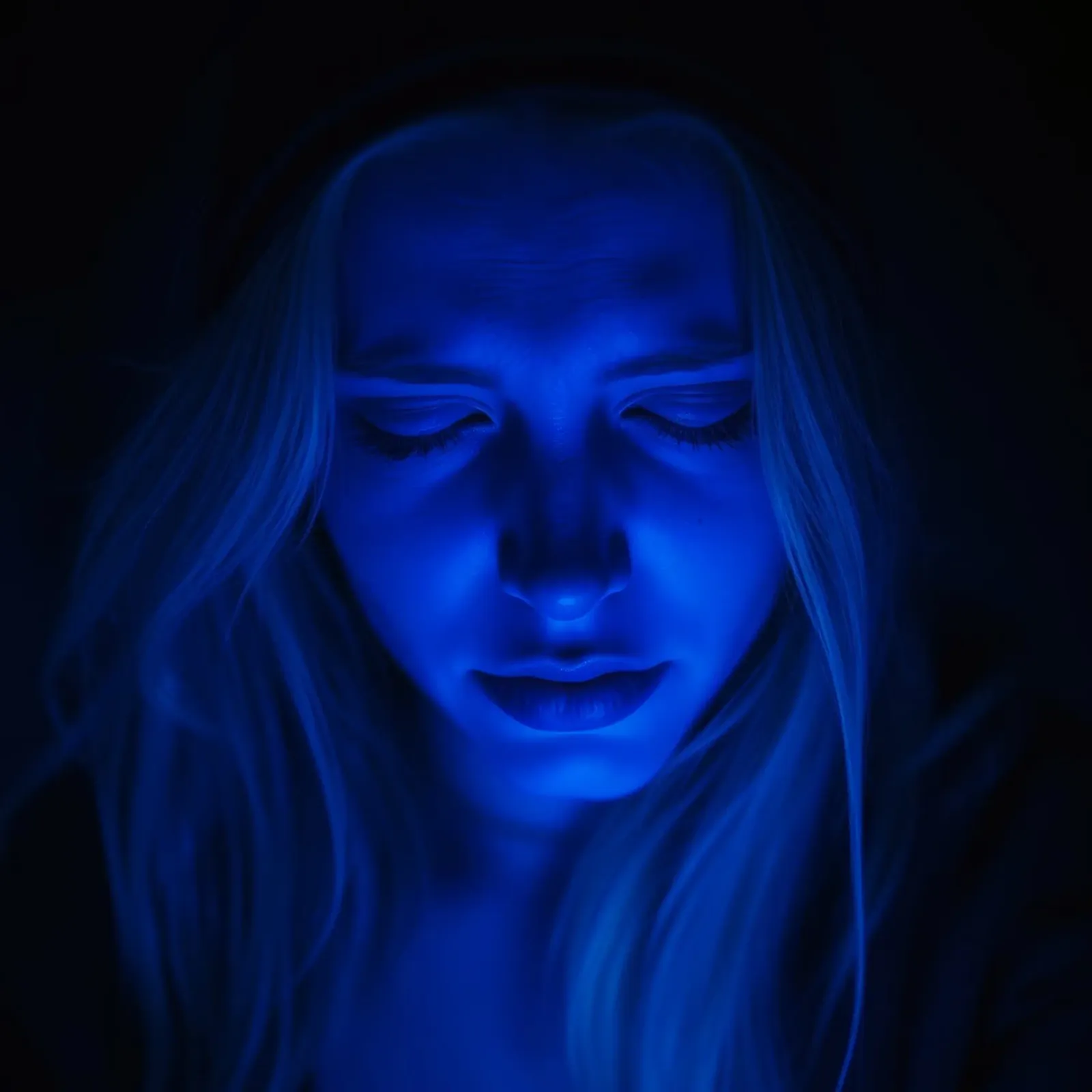 Donna con luce blu incandescente in introspezione in una stanza buia pellicola backlit da DesignDoodle