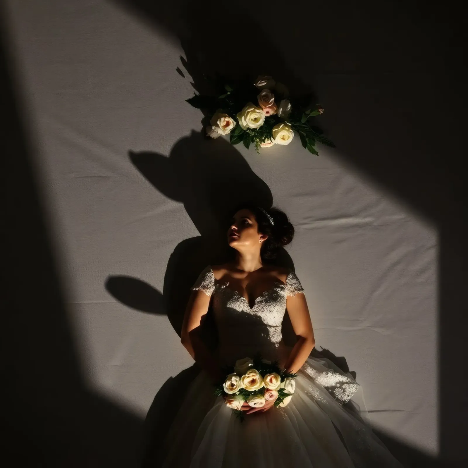 Bride in elegant gown poses dramatically under soft lighting canvas by DesignDoodle