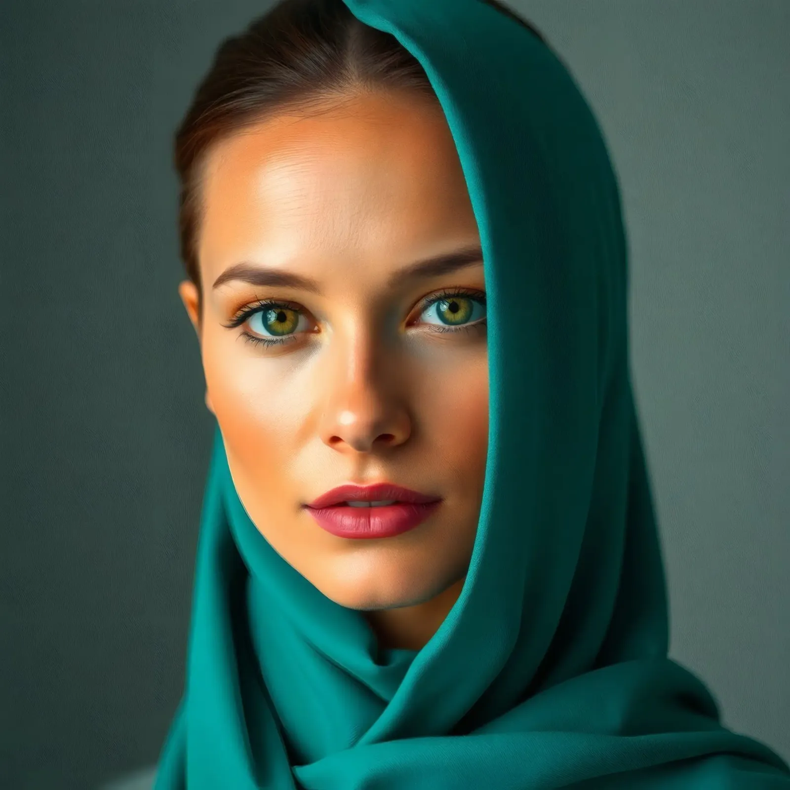 Bella donna con gli occhi verdi che indossa un foulard turchese pannello forex da DesignDoodle