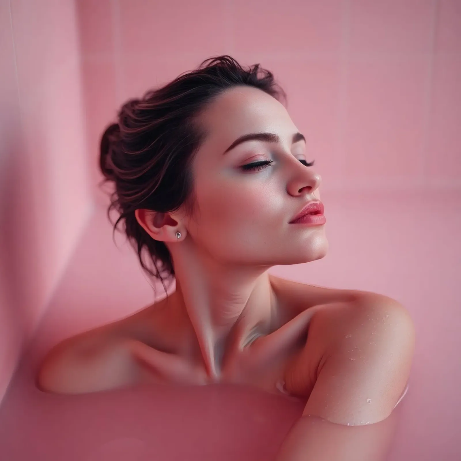 Relaxing bath experience in a serene pink setting canvas by DesignDoodle