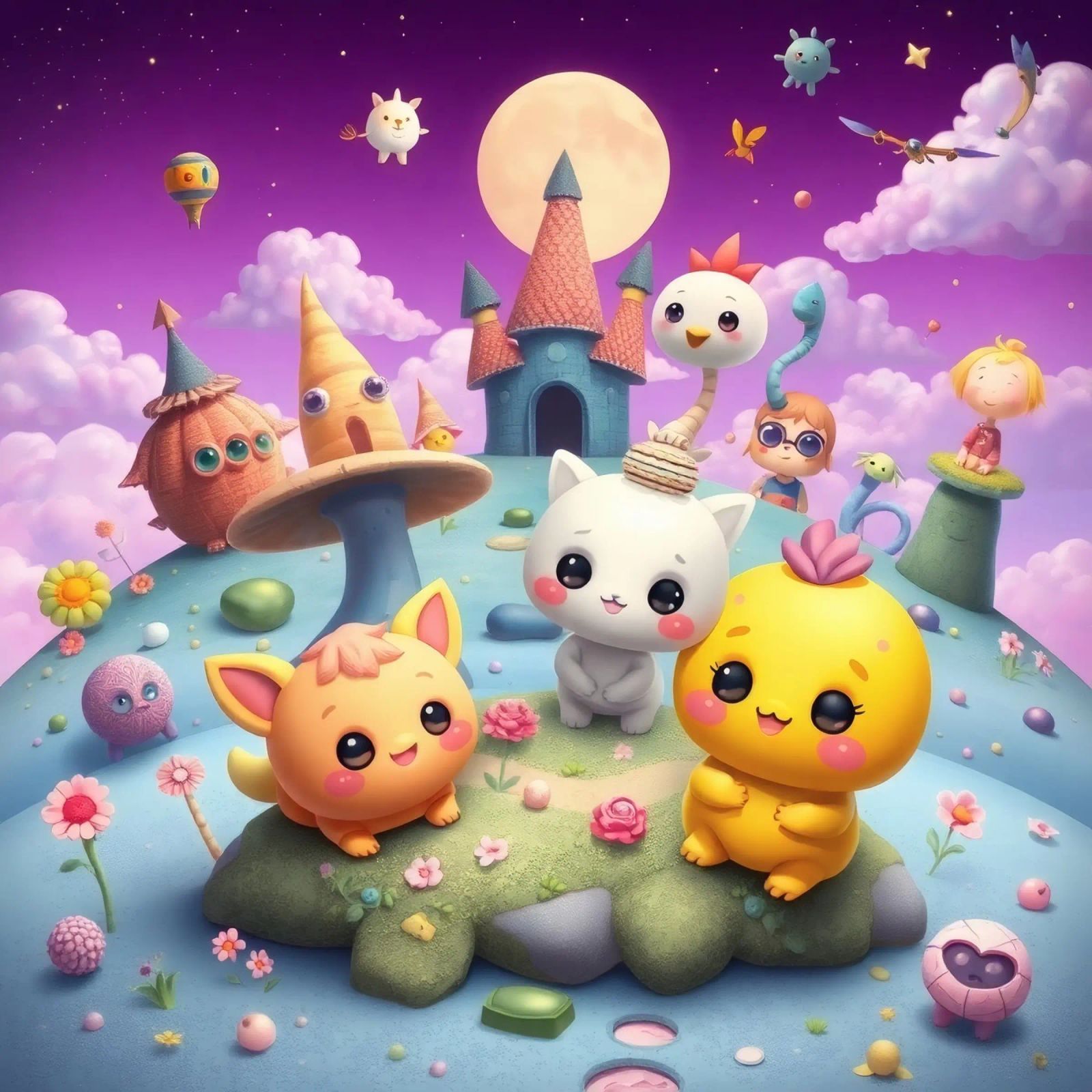 Cute animated creatures gather in a whimsical landscape poster by DesignDoodle