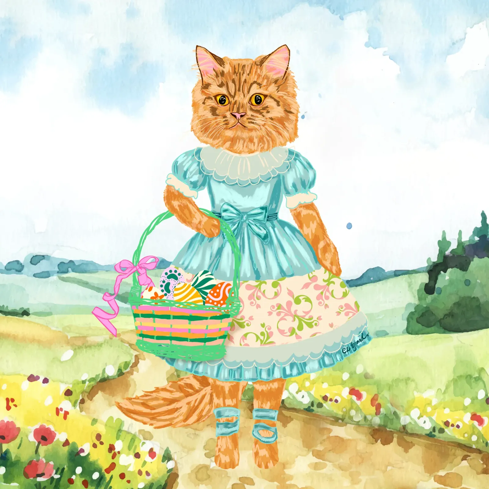 Gatto pasquale vintage in abito blu da civetta tela con Cornice a cassetta da EDMPROJECT