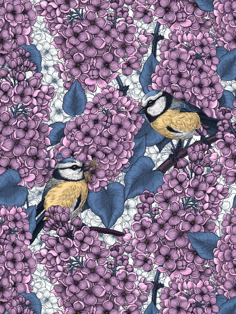 Vogels in paarse seringen tuin canvas met Baklijst van Painted Nature