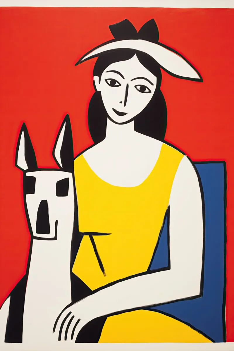 Donna con cappello e cane | Poster colorato e ottimista tela con Cornice a cassetta da Autofocus