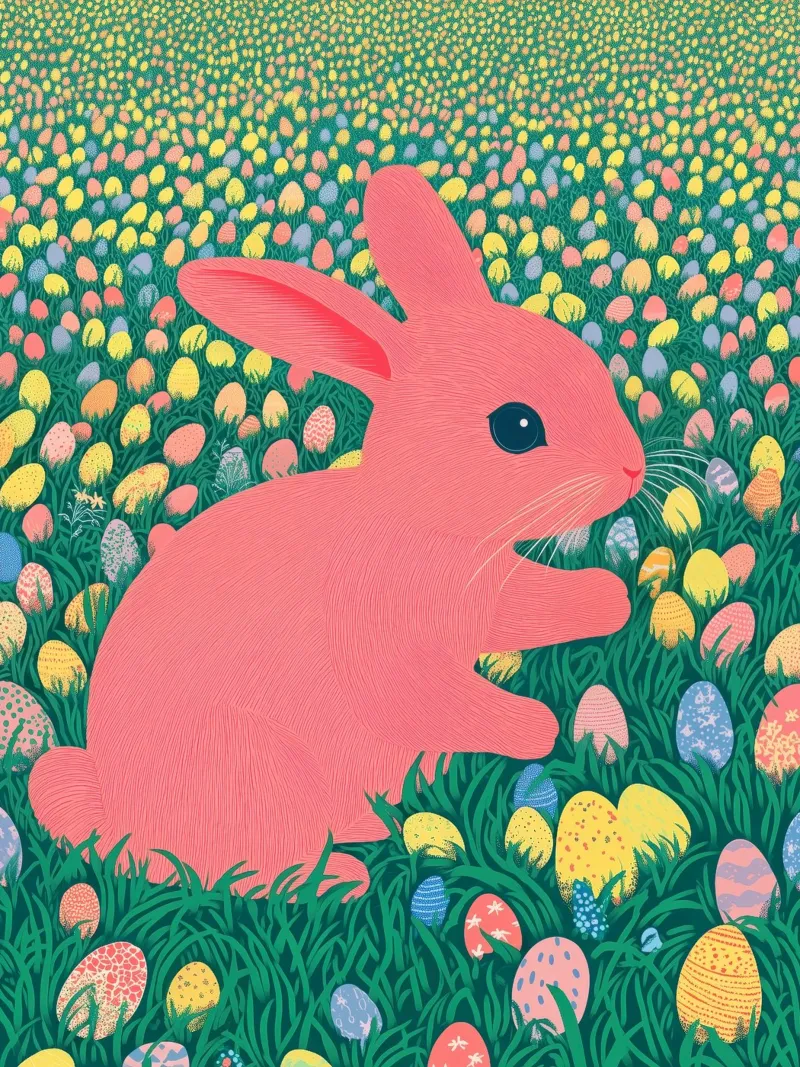 A Pink Rabbit in a Green Field full of Spring Easter Eggs hahnemühle by Kaji