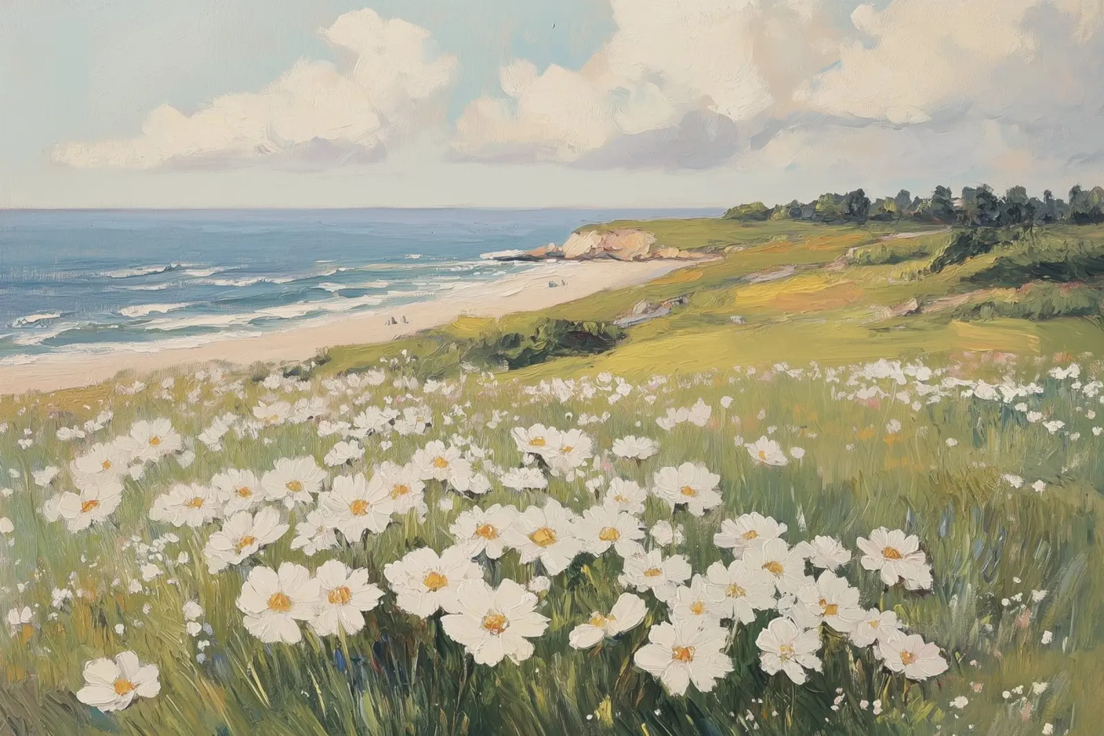 Paesaggio costiero con fiori selvatici a margherita in fiore pellicola backlit da Melloi Art Print
