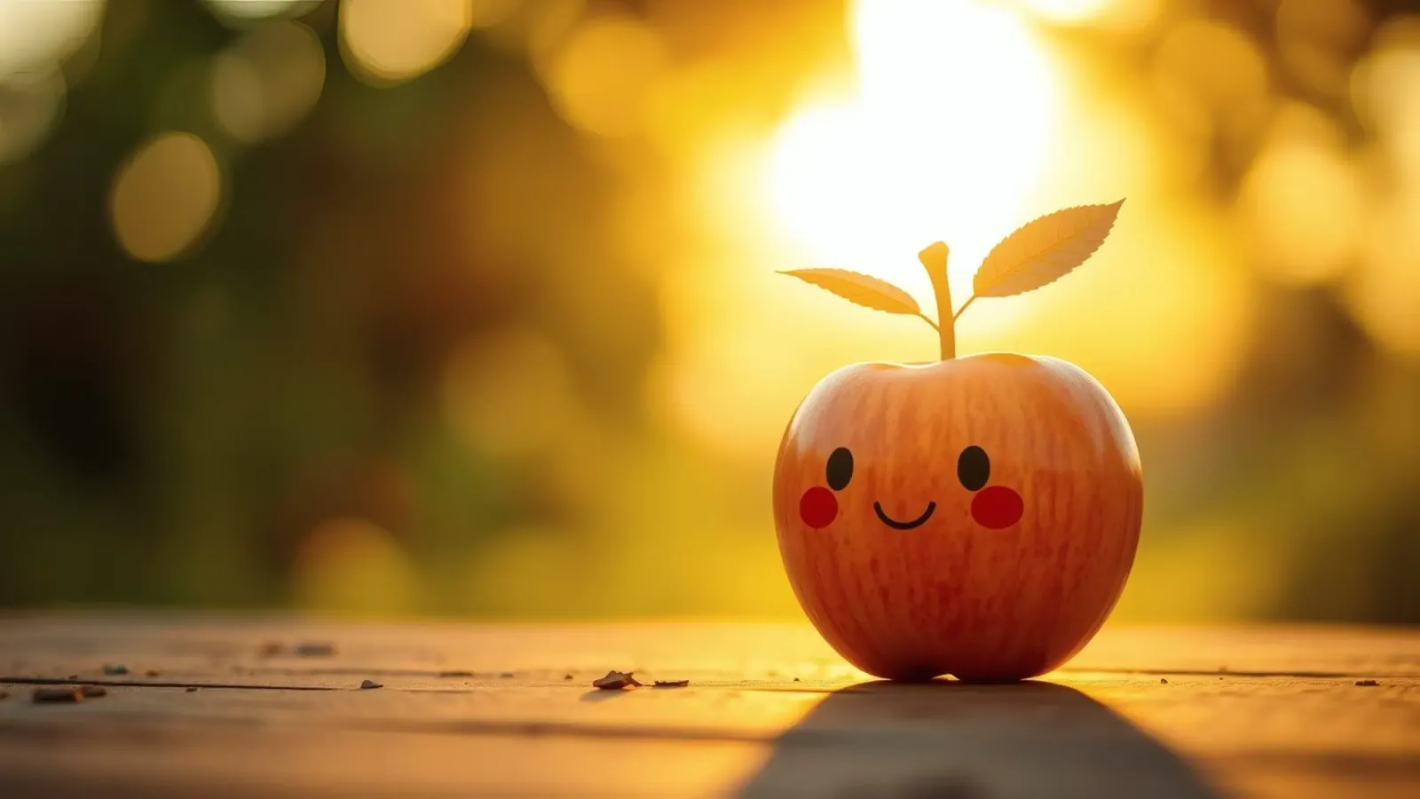 Una mela felice con un sorriso e delle foglie si gode il tramonto carta hahnemühle da DesignDoodle