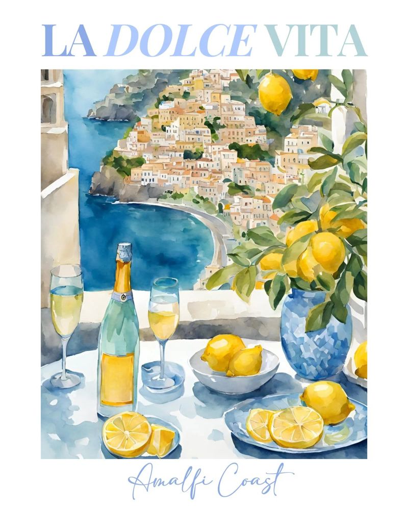 Zitrone Poster, Amalfiküste Champagner Poster, Italien Wandkunst Poster von Bella Studio