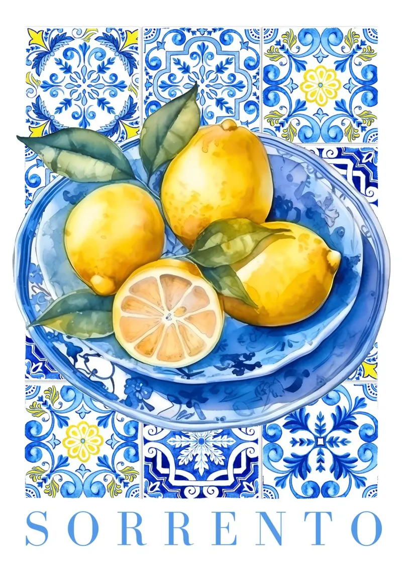 Zitrone Blau Kachel Poster, Zitrone Druck, Italien Kunstdruck Hahnemühle von Bella Studio