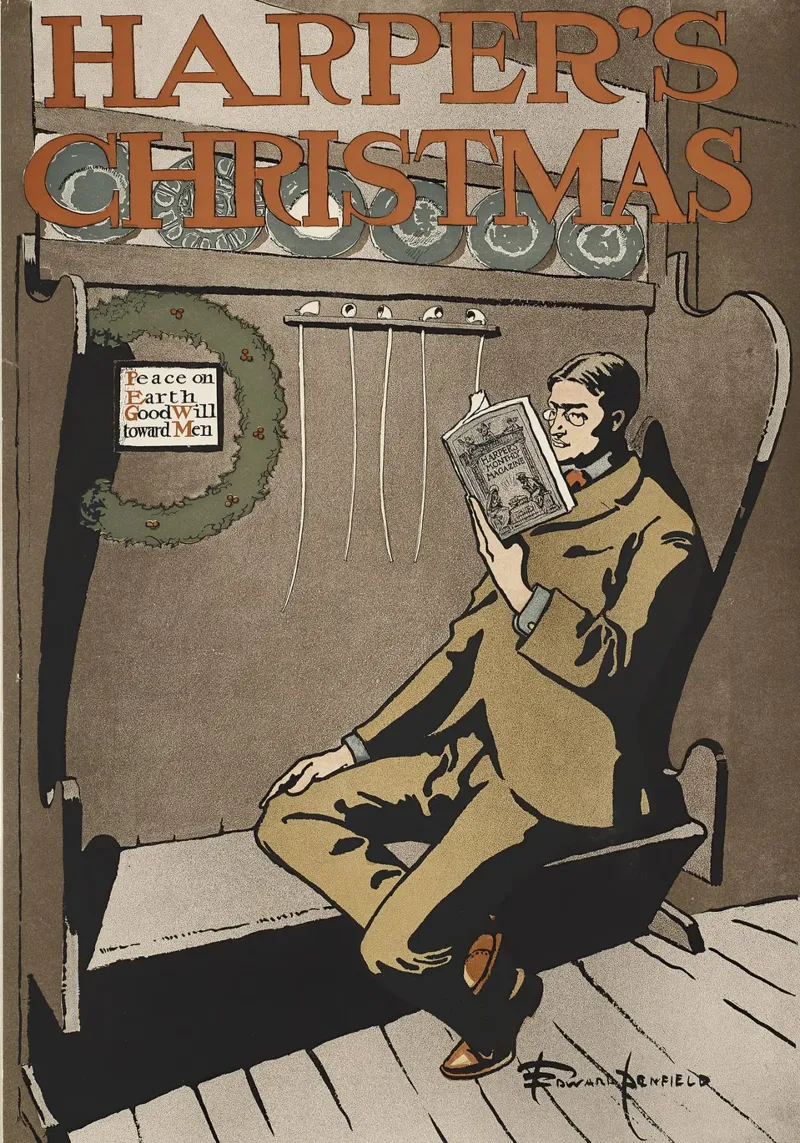 Vintage Poster, Vintage Magazine Cover, Harper's Christmas poster with wooden frame by Vintage Gems
