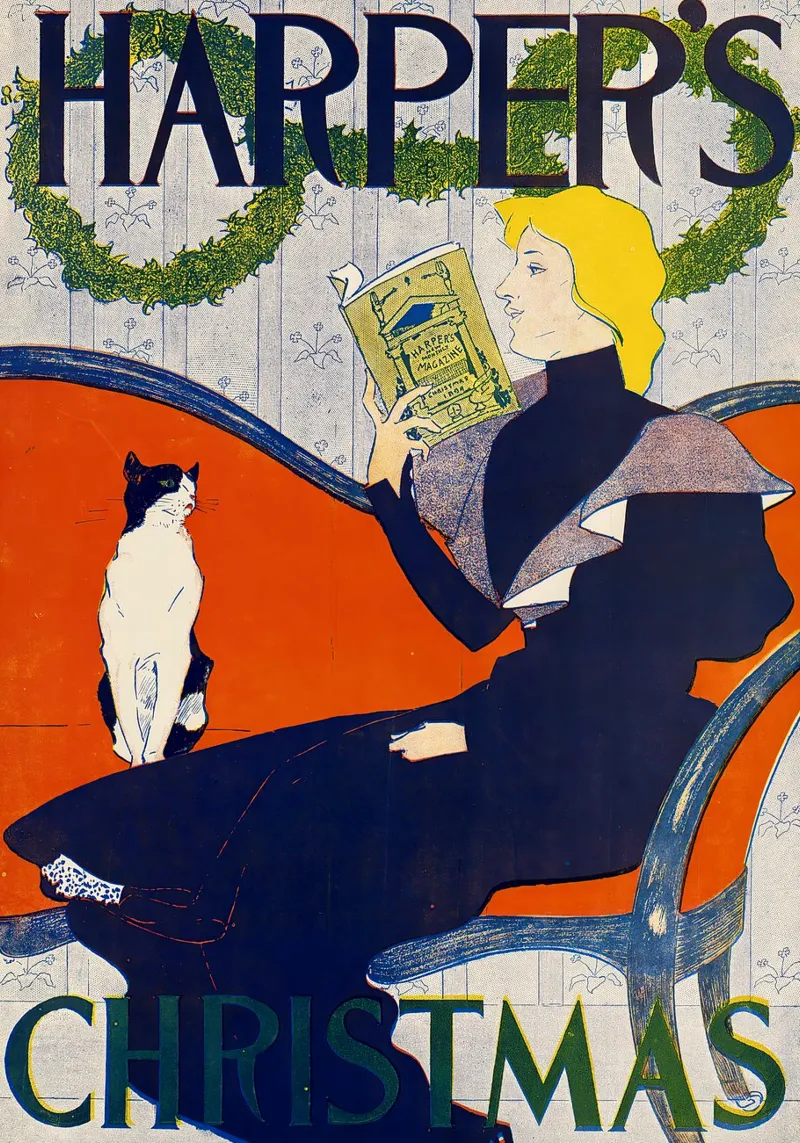 Poster d'epoca Copertina di rivista d'epoca, Harper's, Uomo e gatto poster con telaio in legno da Vintage Gems