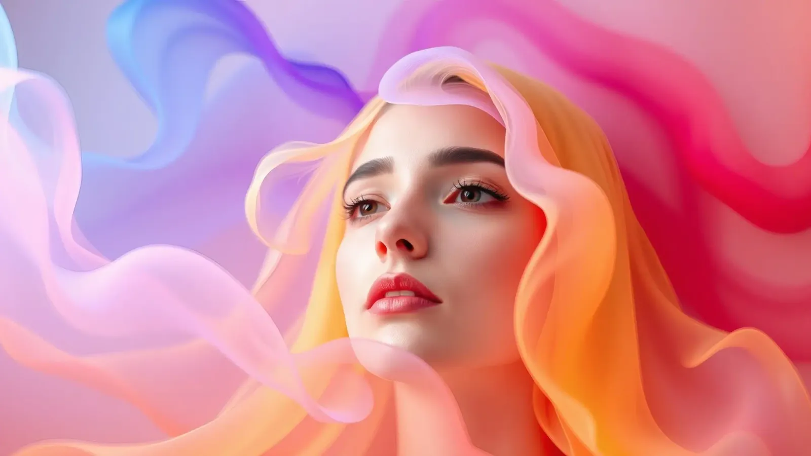 Ritratto astratto e colorato di una donna con capelli fluenti carta hahnemühle da DesignDoodle