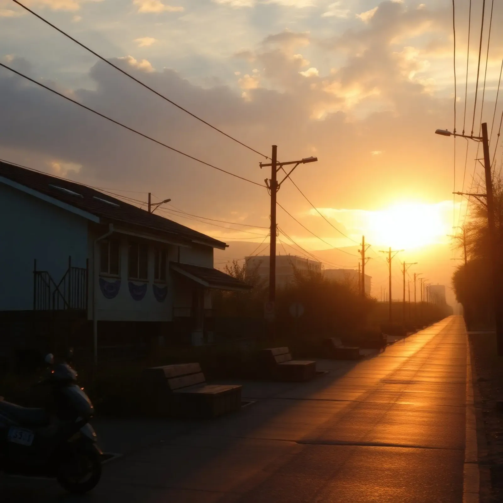 Il tramonto proietta un bagliore dorato su una strada tranquilla, costeggiata da un'ampia fascia di traffico. pellicola backlit da DesignDoodle