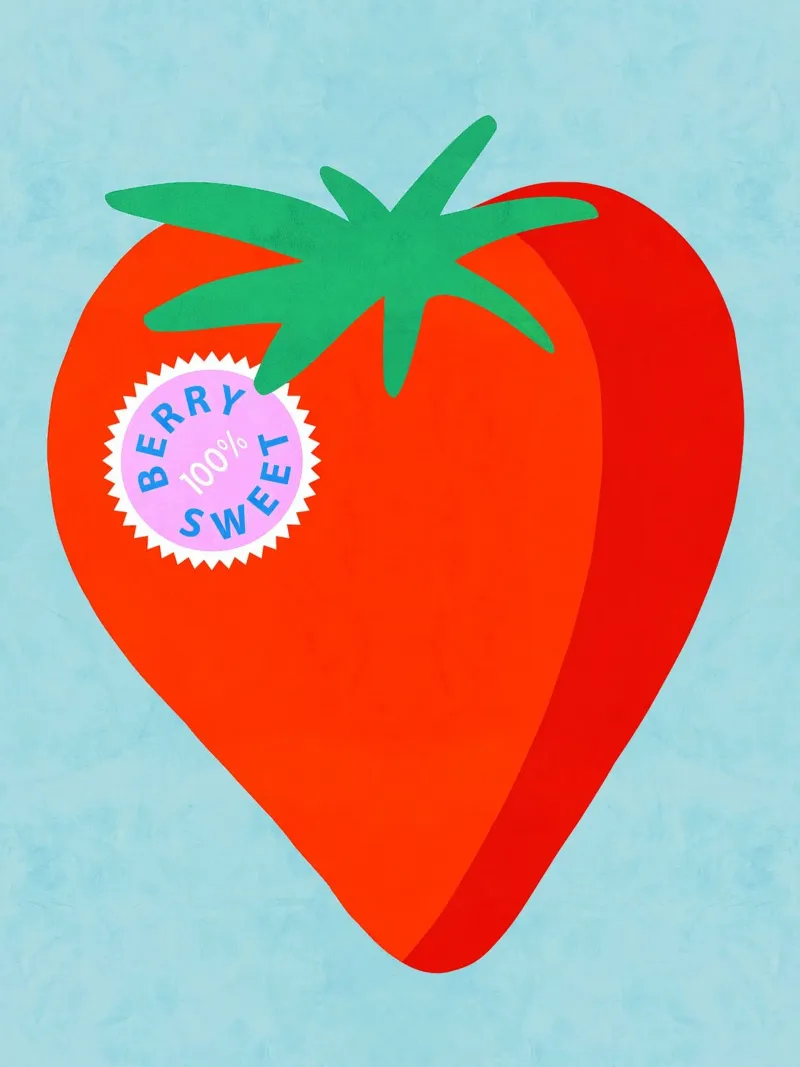 Fragola grande con etichetta punzonata "Berry Sweet". poster con telaio in alluminio da Dominique Vari
