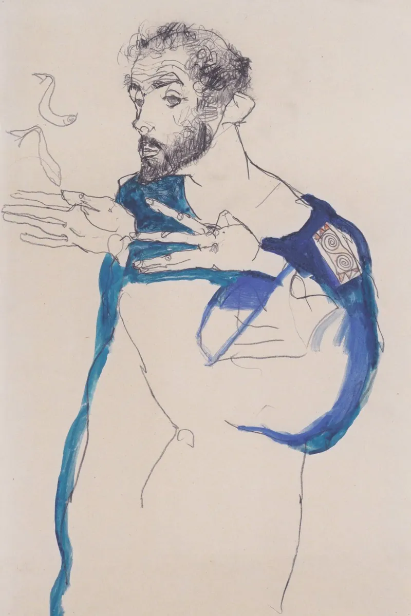 Egon Schiele - Klimt in grembiule azzurro poster con telaio in alluminio da Timeless Artworks