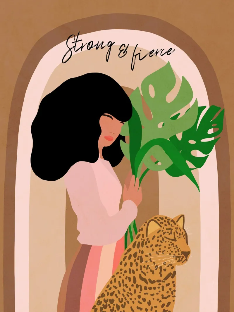 Donna forte e feroce e leopardo poster con telaio in plastica da Dominique Vari