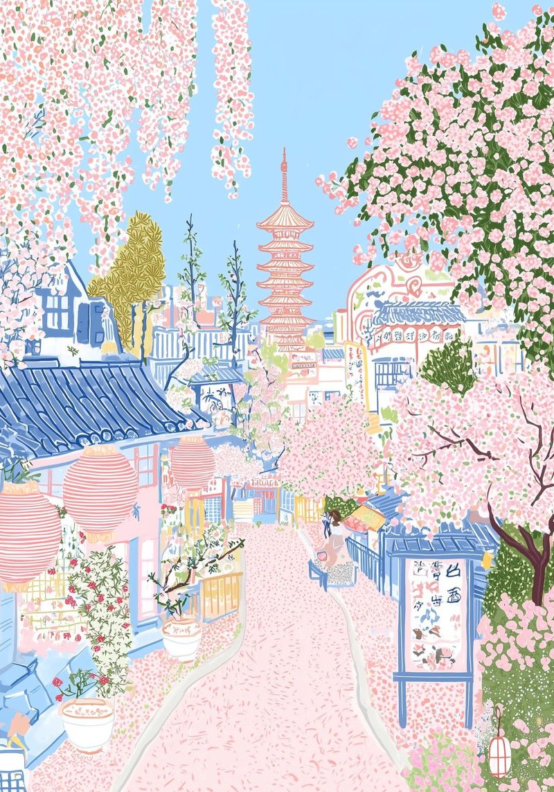 Japanischer Garten, Frühlingsposter, Blumenmarkt, Pastell Reisen Poster von Gaia
