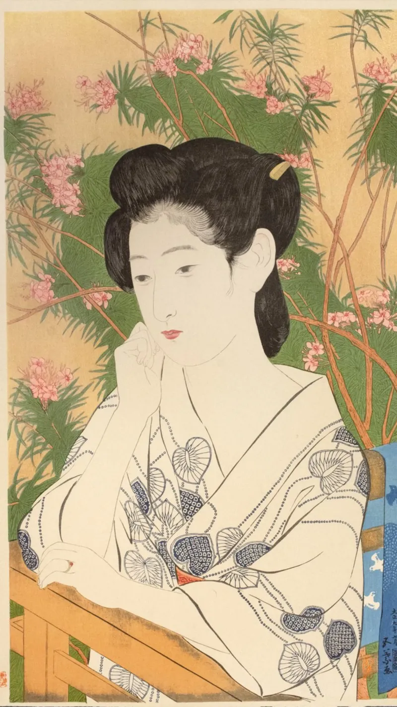 Ukiyo-e: Pittura giapponese, Donna in una locanda di acqua calda, Goyo poster con telaio in legno da Aesthetic Muse