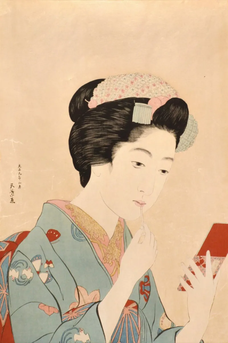 Ukiyo-e: pintura japonesa, Chica aplicándose pintalabios, Goyo poster de Aesthetic Muse